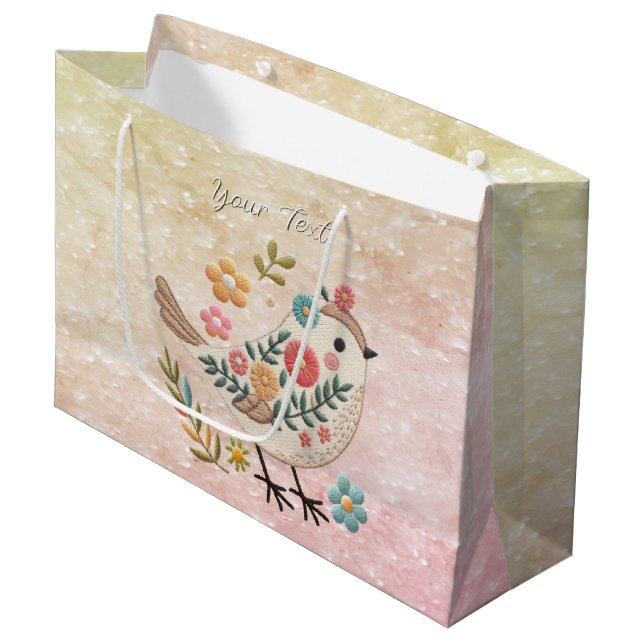 Little Bird Leaves Flowers Pink Gift Bag (Front Angled)