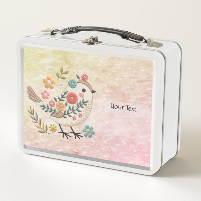 Little Bird Leaves Flowers Pink Metal Lunch Box (Front)