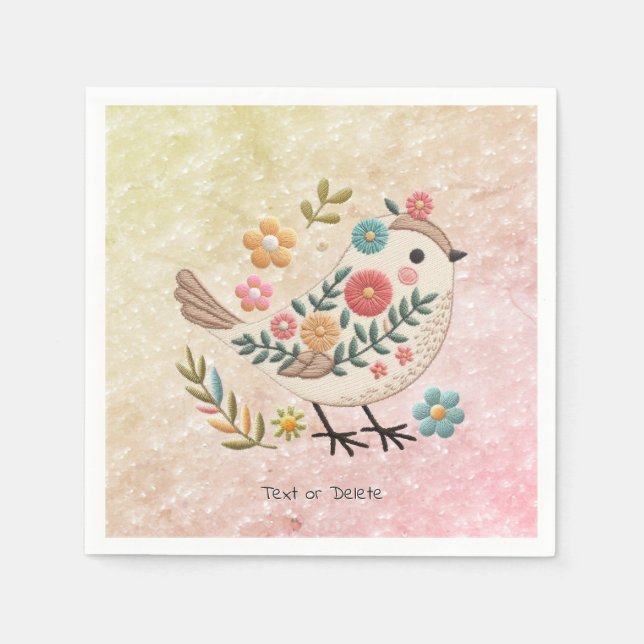Little Bird Leaves Flowers Pink Napkins (Front)