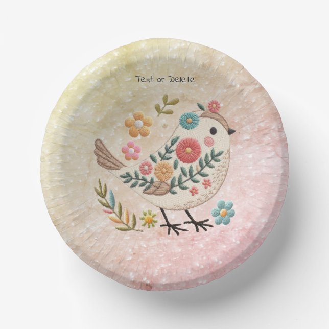 Little Bird Leaves Flowers Pink Paper Bowl Plate (Front)