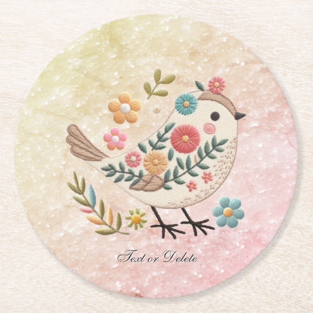 Little Bird Leaves Flowers Pink Paper Coaster (Front)