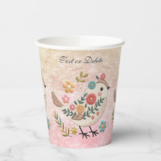 Little Bird Leaves Flowers Pink Paper Cups (Left)
