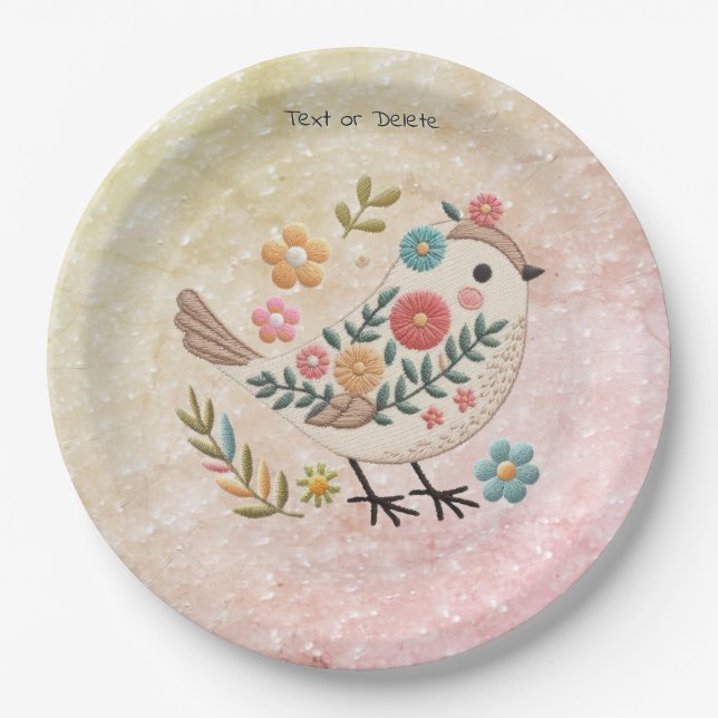Little Bird Leaves Flowers Pink Paper Plate (Front)