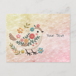 Little Bird Leaves Flowers Pink Postcard