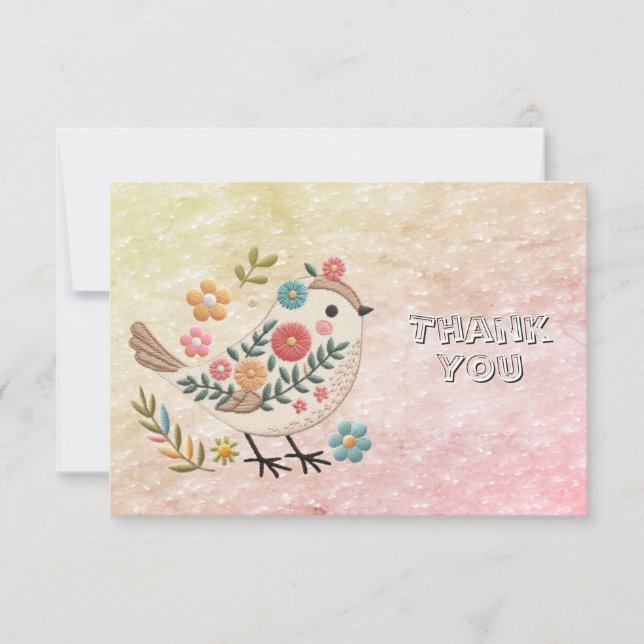 Little Bird Leaves Flowers Pink Thank You Card (Front)
