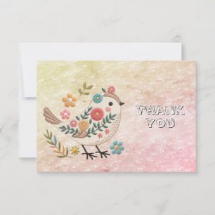 Little Bird Leaves Flowers Pink Thank You Card