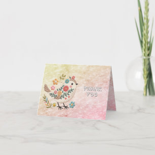 Little Bird Leaves Flowers Pink Thank You Card