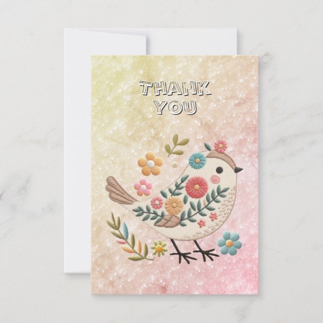 Little Bird Leaves Flowers Pink Thank You Card (Front)