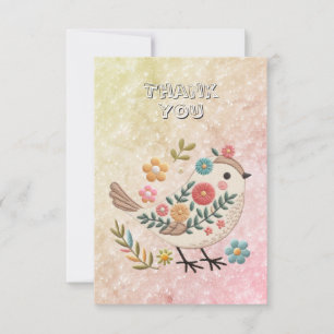 Little Bird Leaves Flowers Pink Thank You Card