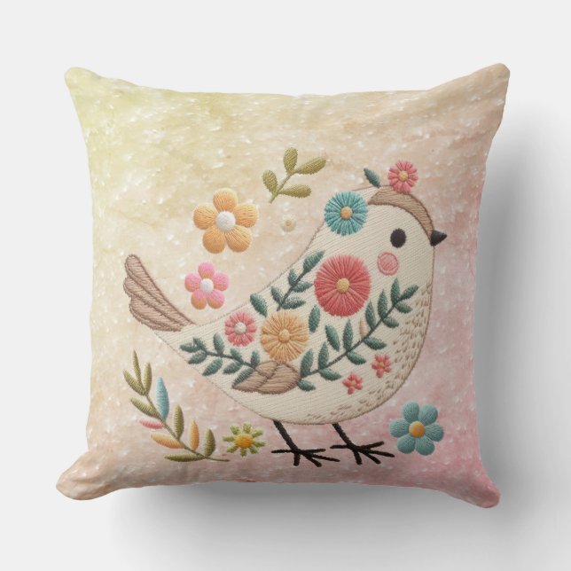 Little Bird Leaves Flowers Pink Throw Pillow (Front)