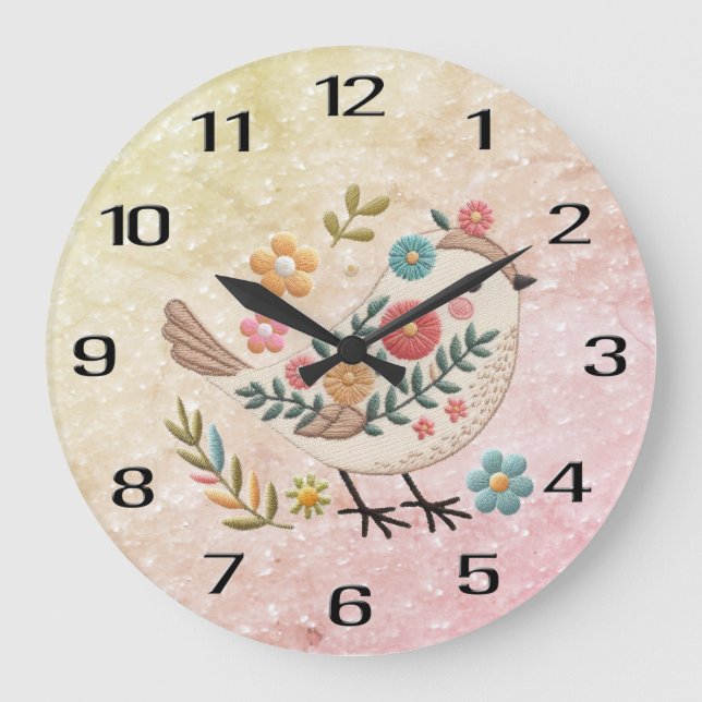 Little Bird Leaves Flowers Pink Wall Clock (Front)