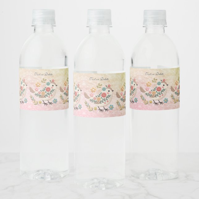Little Bird Leaves Flowers Pink Water Bottle Label (Bottles)