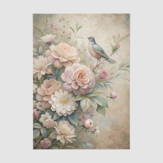 Little Bird Perched on Large Floral Bouquet Tissue Paper (Front)