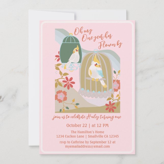Little Bird Pink First Birthday Invitation (Front)