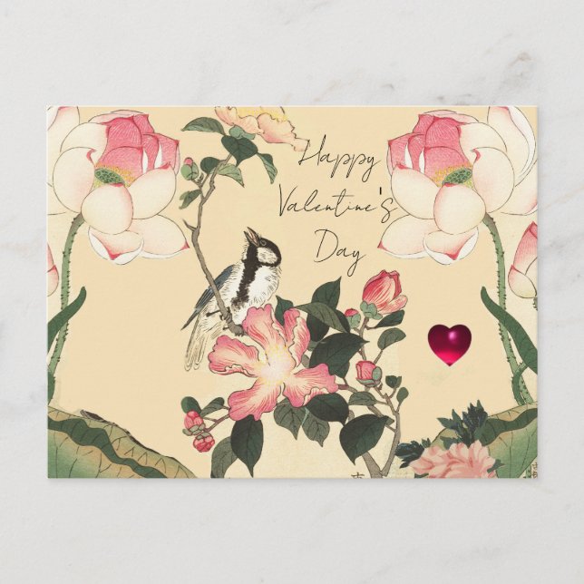 LITTLE BIRD,PINK ROSES,LOTUS FLOWER Valentine Day Holiday Postcard (Front)
