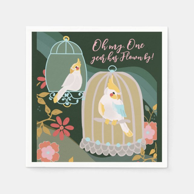 Little Bird Rainbow Green Girl First Birthday Napkin (Front)