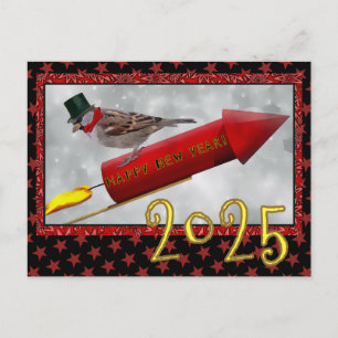 Little Bird Riding Rocket Vintage Happy New Year Postcard