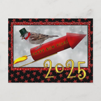 Little Bird Riding Rocket Vintage Happy New Year Postcard