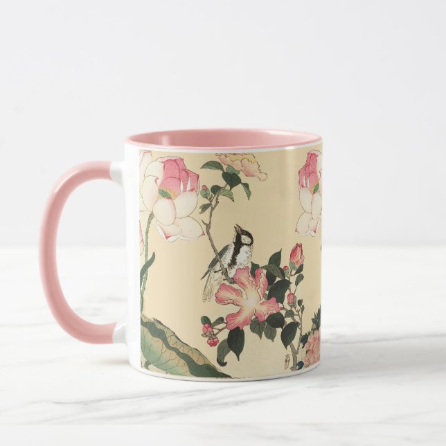 LITTLE BIRD WITH PINK ROSES AND LOTUS FLOWERS MUG (Left)