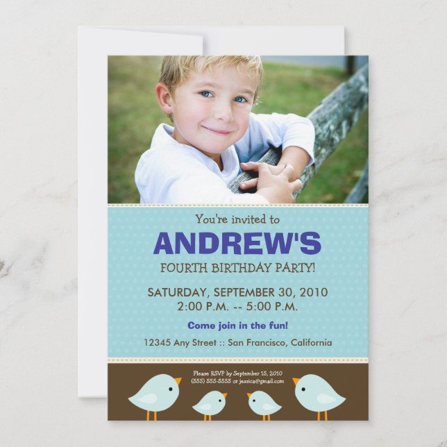 Little Birdie Boy's Blue Birthday Party Invitation (Front)