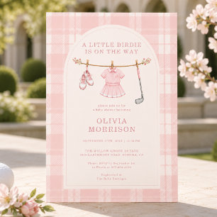 Little Birdie Golf Pink Girl Plaid Baby Shower Invitation