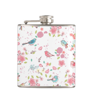 Little Birdie Pink and Blue Whimsical Girly Hip Flask
