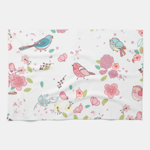 Little Birdie Pink and Blue Whimsical Girly Tea Towel