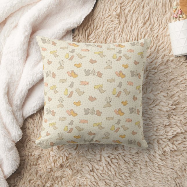 Little Birdies and feathers on beige - pattern.    Cushion (Blanket)