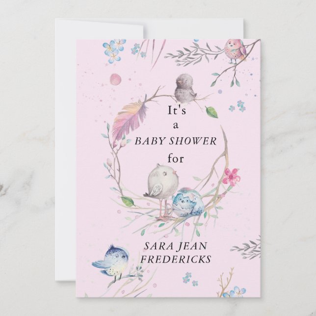 Little Birdies Personalised Pink Baby Shower Invitation (Front)