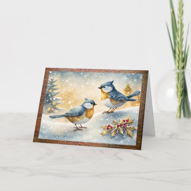 Little Birds and Holly Christmas Holiday Card (Front)