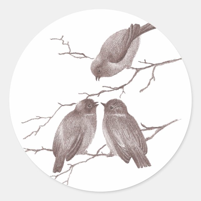 Little Birds Chatting on a Winter Branch Sepia Classic Round Sticker (Front)