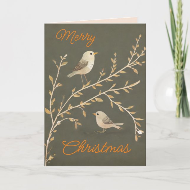 Little Birds in Branch - Christmas Wishes Holiday Card (Front)