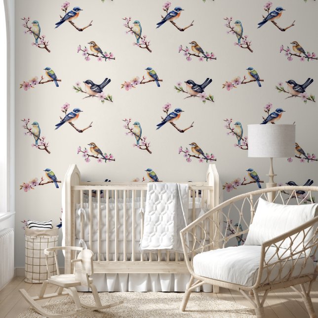 Little birds on blossom tree branch off white wallpaper (Kids)