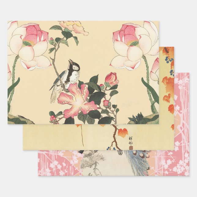 LITTLE BIRDS,PEACOCKS, PINK ROSES ,LOTUS FLOWERS  WRAPPING PAPER SHEET (Set)
