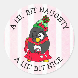 Little Bit Naughty, Little Bit Nice Funny Penguin Classic Round Sticker
