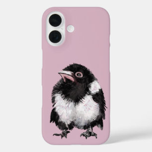 Little black and white magpie pink background iPhone 16 case