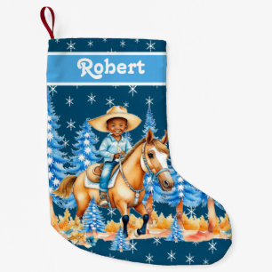 Little Black Boy On Horse Winter Scene Custom Name Small Christmas Stocking
