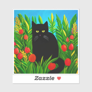 Little Black Cat in a Tulip Garden