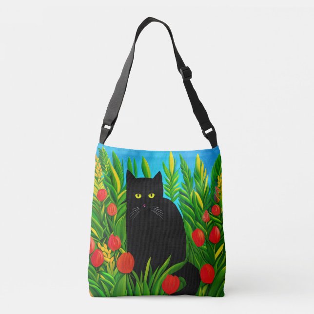 Little Black Cat in a Tulip Garden Crossbody Bag (Back)