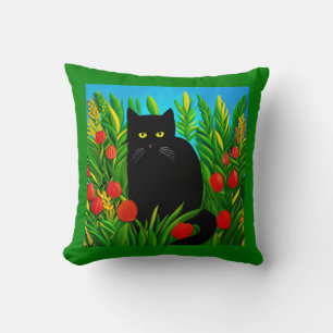 Little Black Cat in a Tulip Garden Cushion