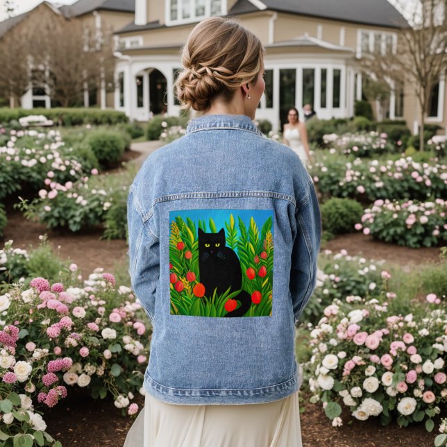 Little Black Cat in a Tulip Garden  Denim Jacket (Wedding Back)