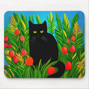 Little Black Cat in a Tulip Garden Mouse Mat