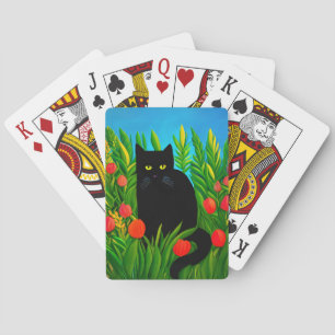 Little Black Cat in a Tulip Garden Playing Cards