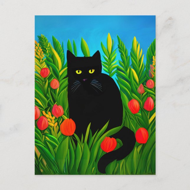 Little Black Cat in a Tulip Garden  Postcard (Front)