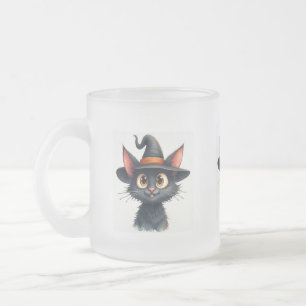Little black cat with big brown eyes frosted glass coffee mug