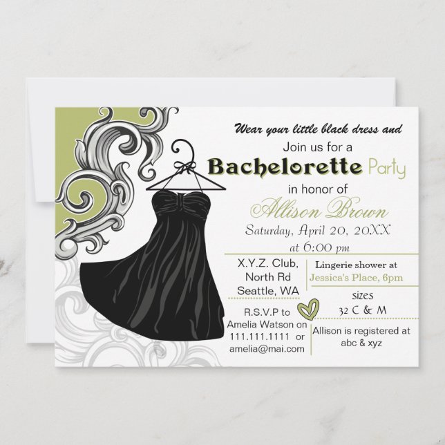 Little black dress bachelorette party invite (Front)