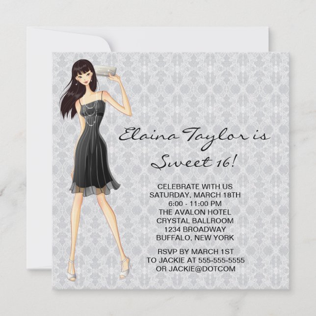 Little Black Dress Black White Sweet 16 Party Invitation (Front)