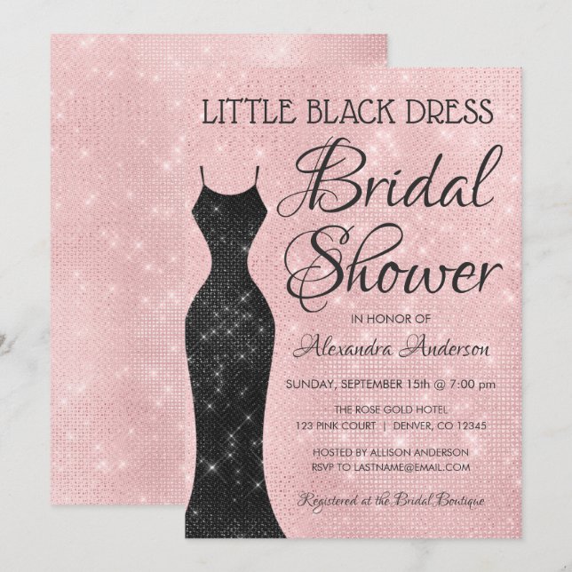 Little Black Dress Pink Sparkle Bridal Shower Invitation (Front/Back)