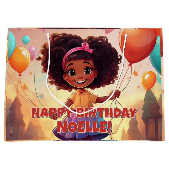 Little Black Girl Birthday Celebration Balloons Large Gift Bag (Front)