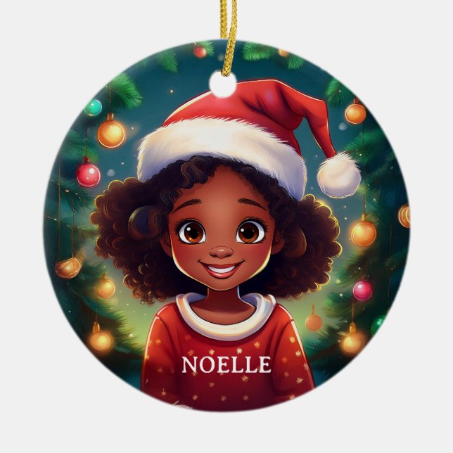 Little Black Girl Christmas Santa Hat Ceramic Tree Decoration (Front)